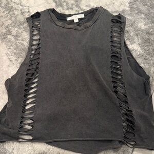 Distressed Washed Black Cutout Crop Tank Top